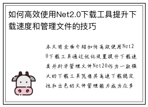 如何高效使用Net2.0下载工具提升下载速度和管理文件的技巧 如何高效使用Net2.0下载工具提升下载速度和管理文件的技巧