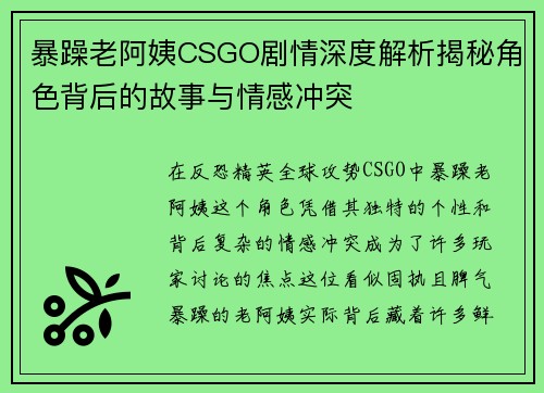 暴躁老阿姨CSGO剧情深度解析揭秘角色背后的故事与情感冲突